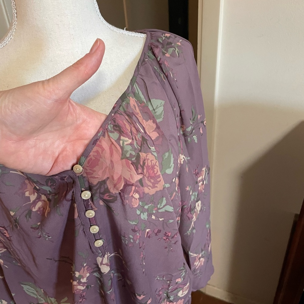 Chaps Ralph Lauren floral Blouse purple green cream sz 1X V Neck quarter sleeve - Picture 7 of 16